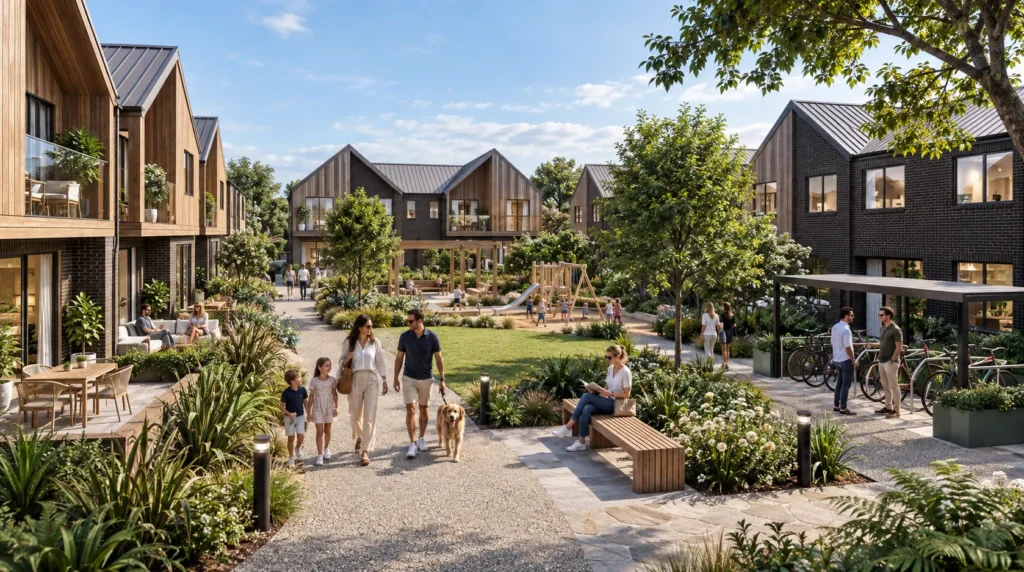 Modern residential community exterior rendering with walking paths — 3D Exterior Design Rendering Nz