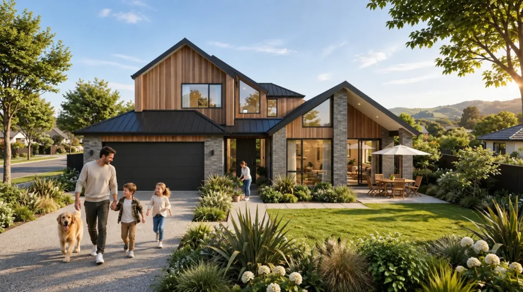 Modern timber and stone house exterior with family walking in New Zealand — Real Estate Rendering Services Wellington