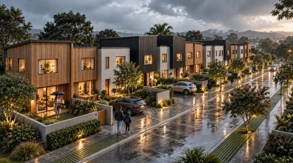 Modern townhouses exterior 3d rendering in New Zealand during evening rain