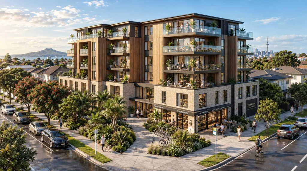 Multi-storey apartment exterior 3d rendering in an urban New Zealand setting — Architectural 3D Visualization Studio Wellington
