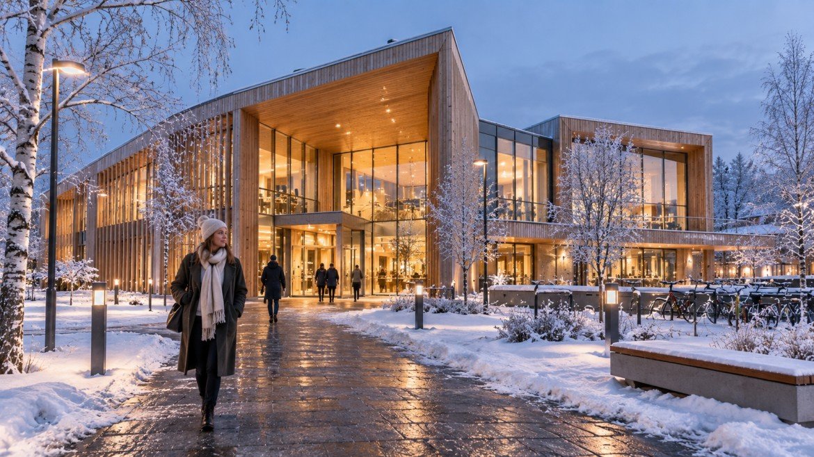 Exterior architectural rendering of a modern timber building in a snowy winter landscape