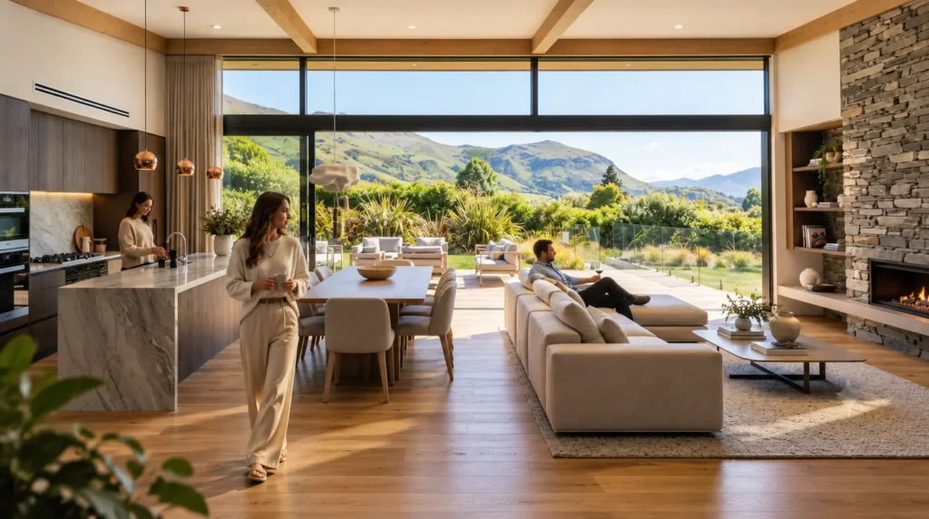 Open plan living room interior 3d rendering overlooking New Zealand mountains — Commercial 3D Rendering Company New Zealand
