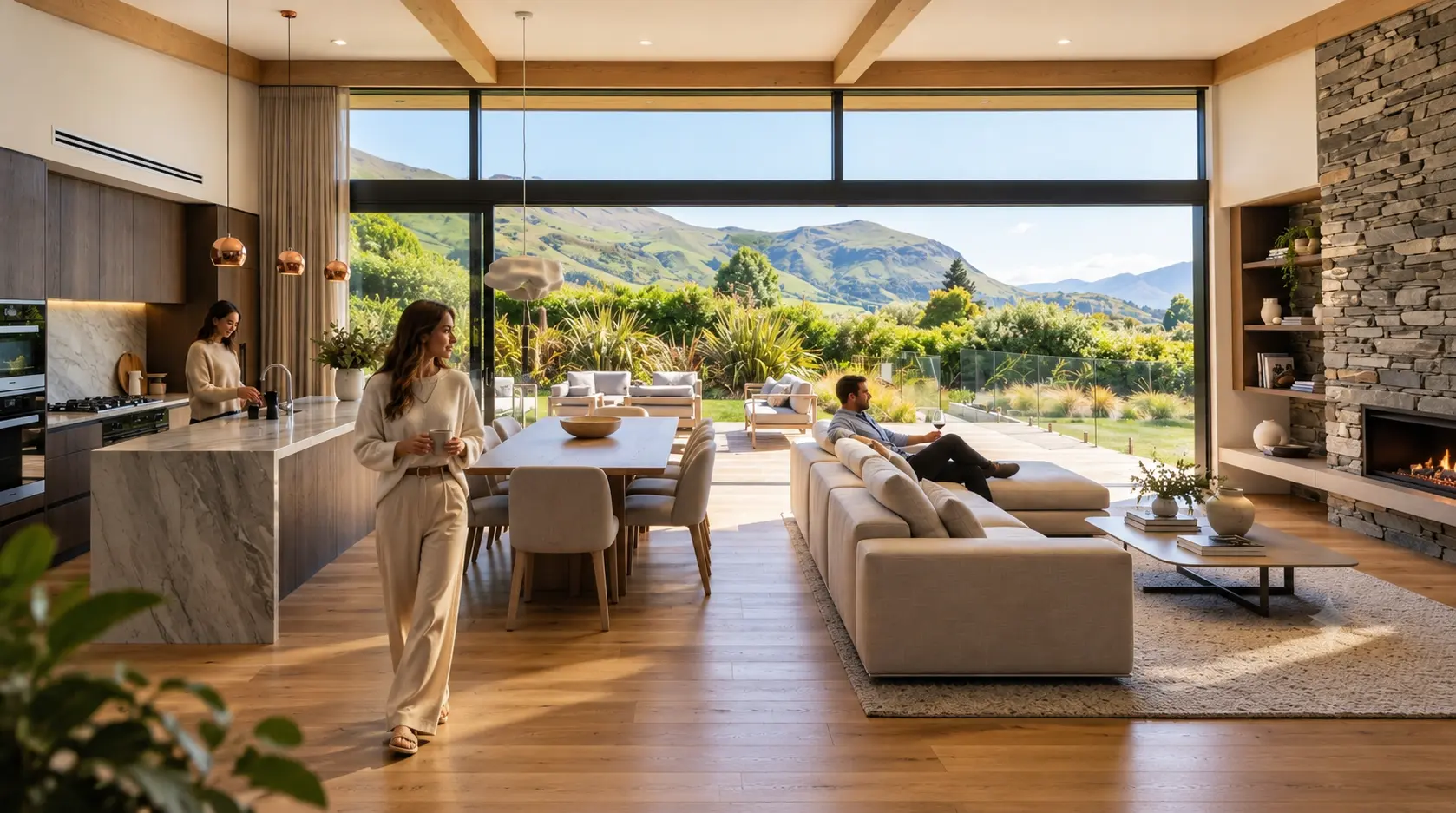 Open plan living room interior 3d rendering overlooking New Zealand mountains — Commercial 3D Rendering Company New Zealand
