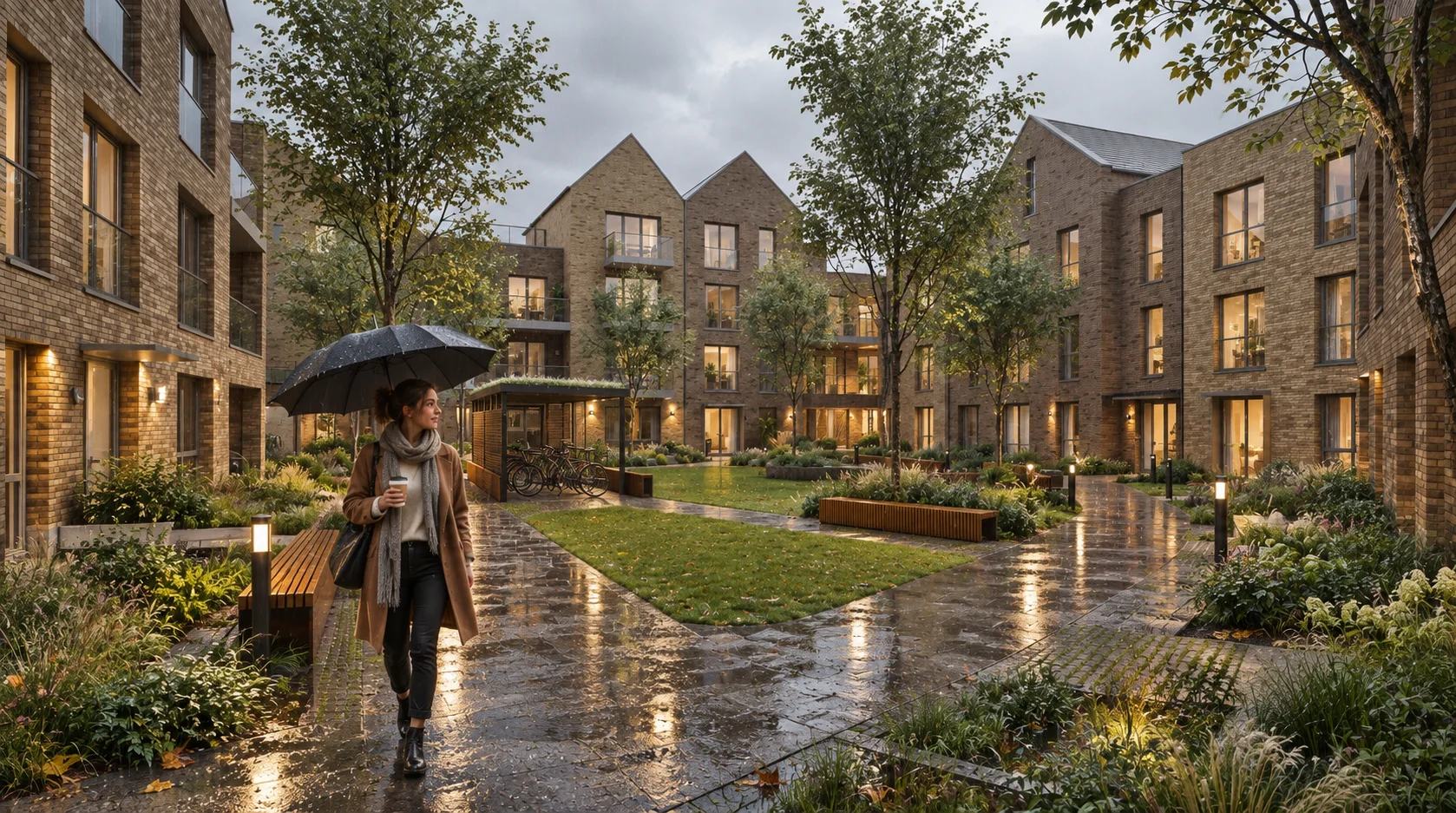 Residential courtyard exterior rendering with brick townhouses on a rainy day — Architectural Rendering Sydney