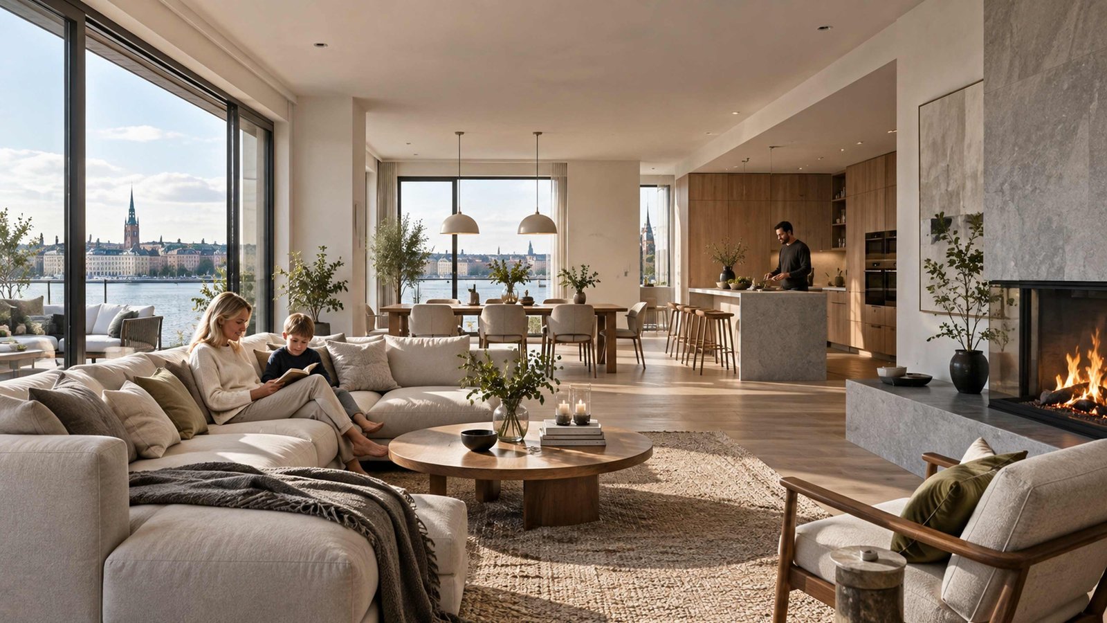 Scandinavian apartment living space with minimalist furniture and light wood — 3D Architectural Visualization Stockholm