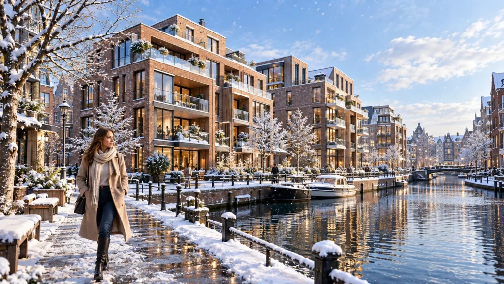 Snowy canal apartment exterior 3d rendering Amsterdam