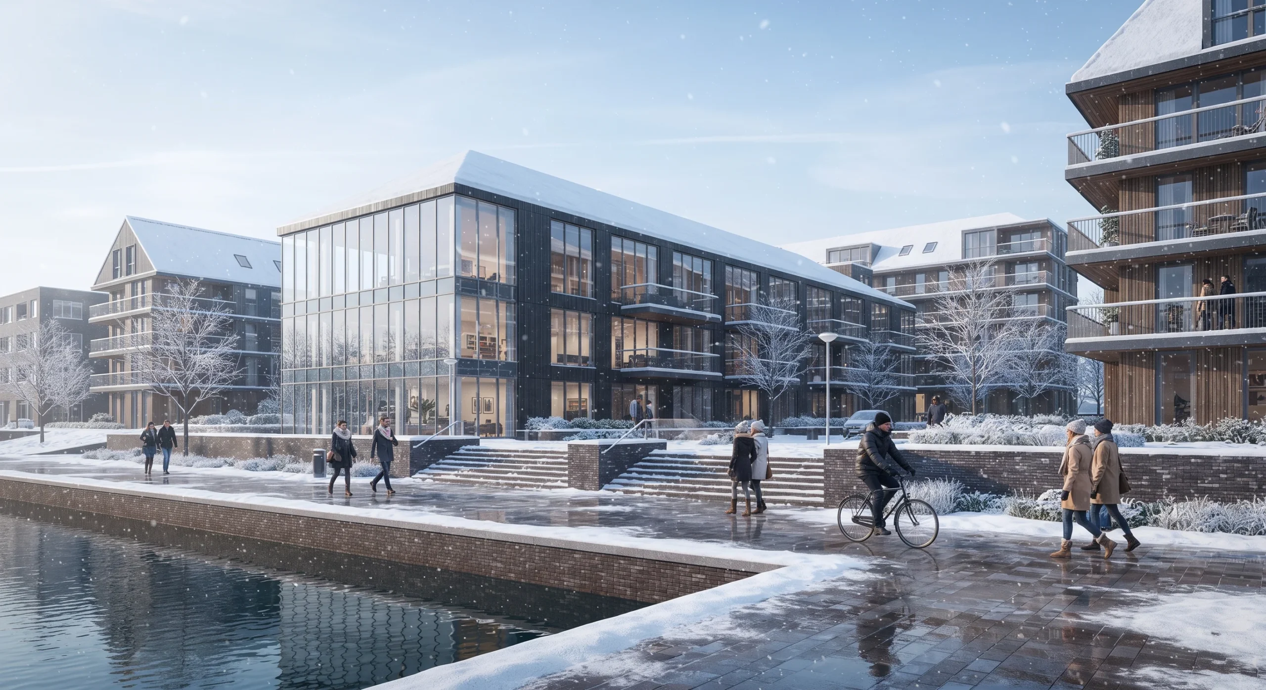 Snowy canal side residential rendering in Amsterdam