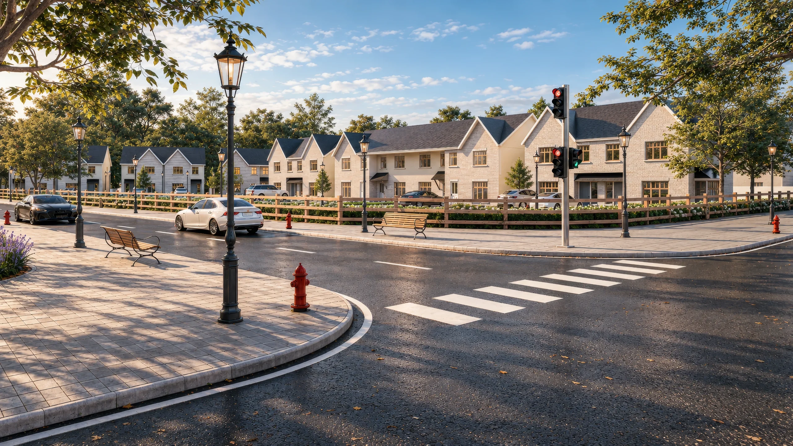 Suburban residential townhouse street exterior 3D rendering under blue sky — Architectural Rendering Sydney