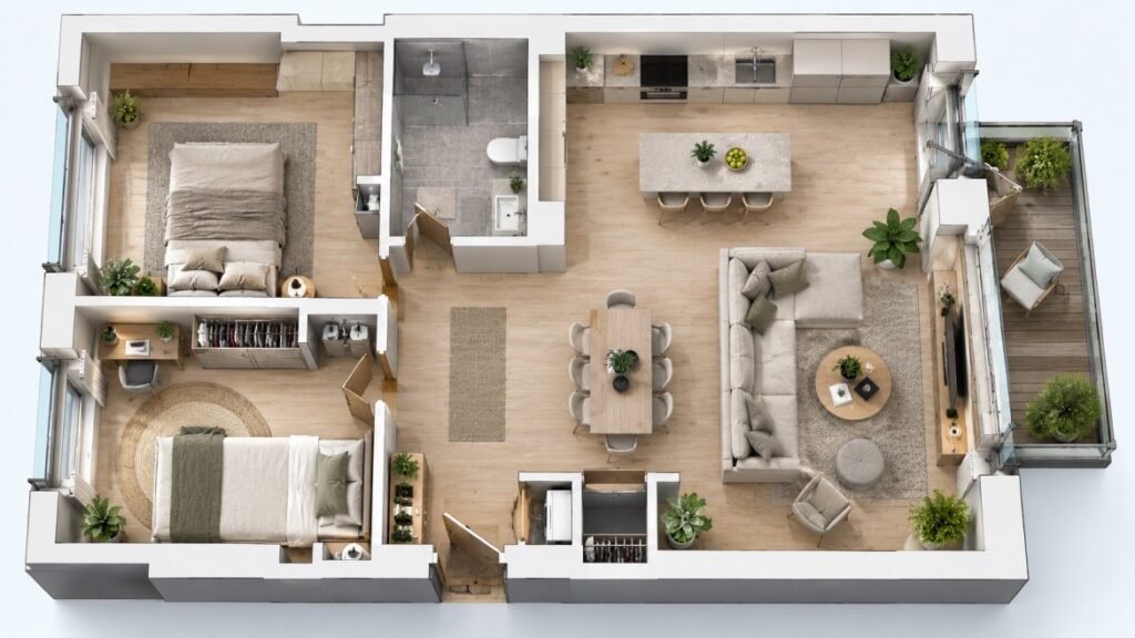 Apartment 3D floor plan layout showing detailed room partitions