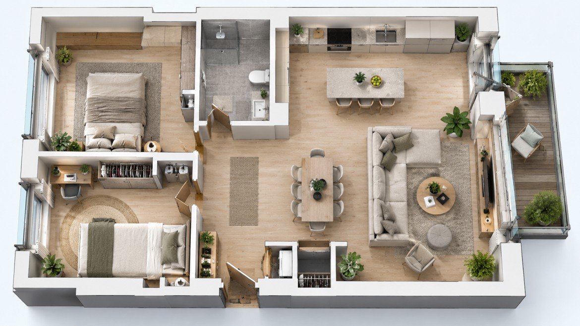 Apartment 3D floor plan layout showing detailed room partitions — Washington 3D Rendering Studio