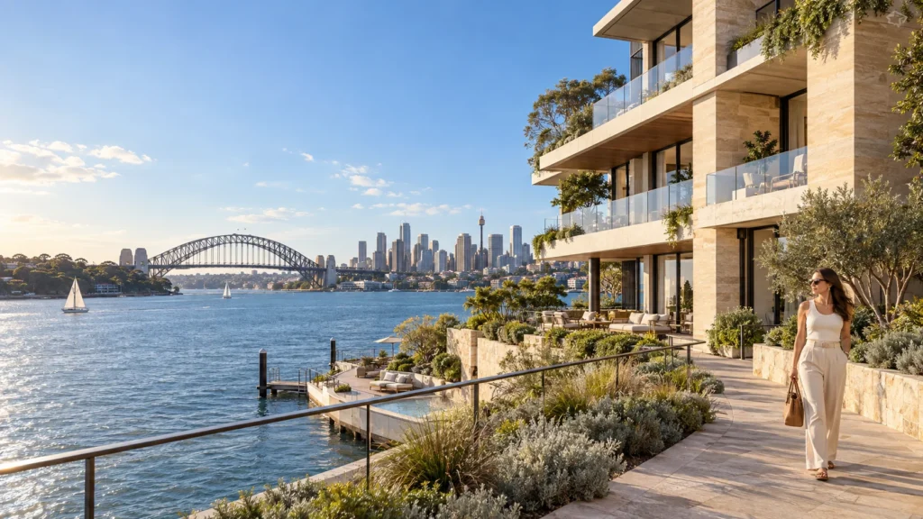 Exterior 3D rendering of Sydney waterfront apartment building with harbor bridge view