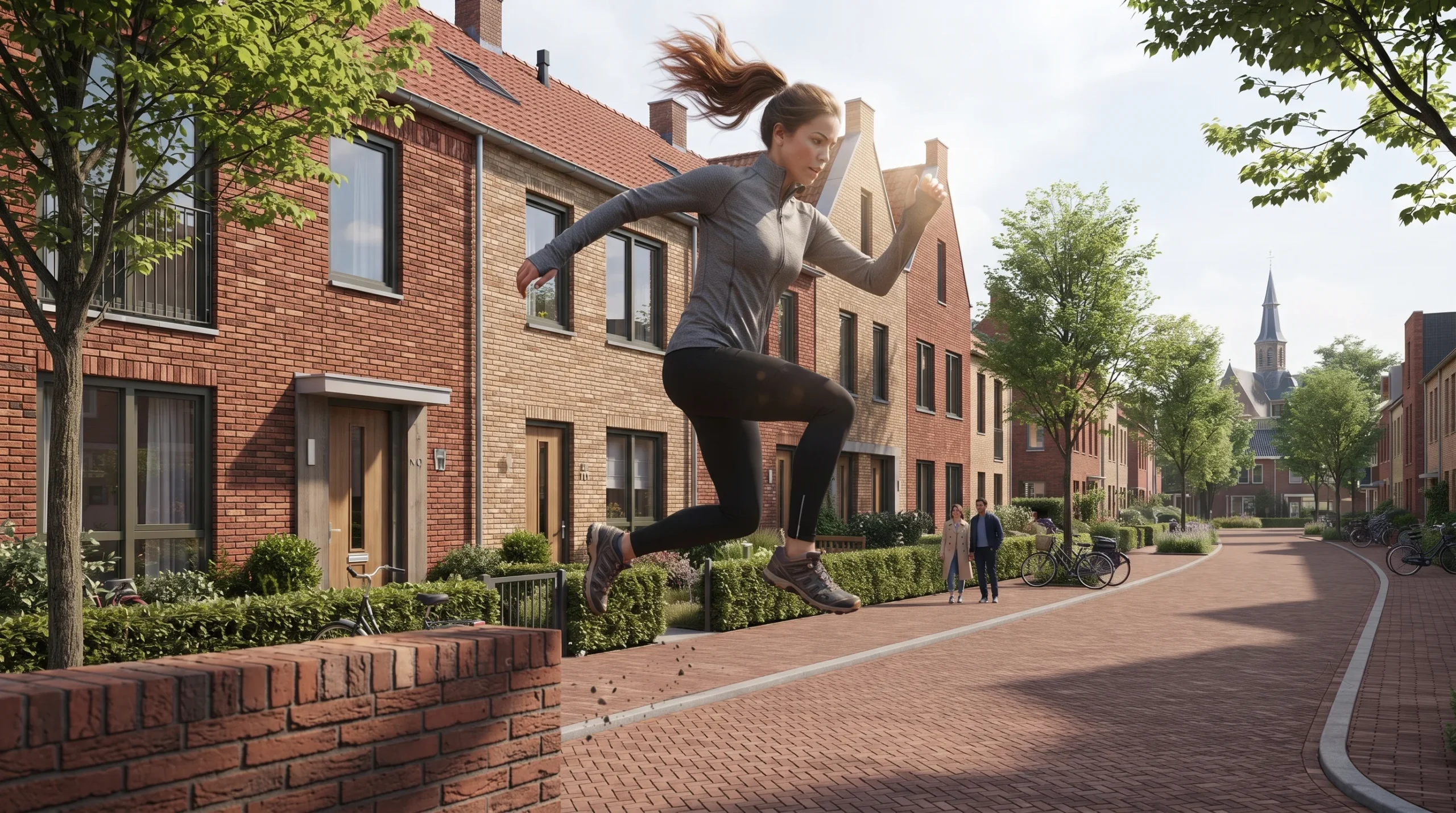 Woman jogging brick townhouses Amsterdam Netherlands — Architectural 3D Rendering Services Netherlands