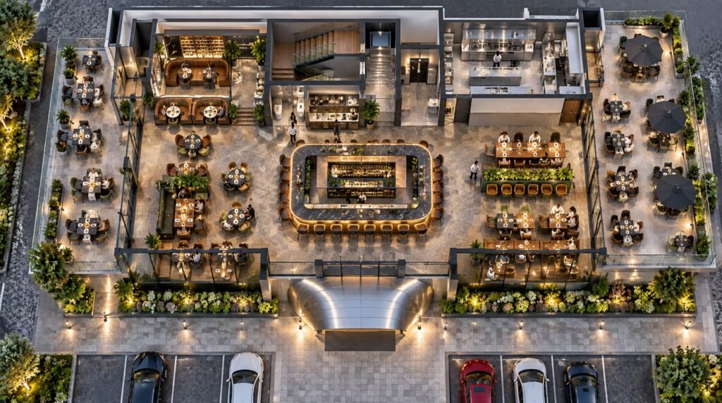 Commercial restaurant and bar 3D floor plan layout — Photorealistic Architectural Renders Sydney