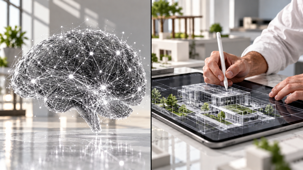 Composite image showing an artificial intelligence neural network brain graphic beside an architect working on a tablet — Ai Architectural Visualization