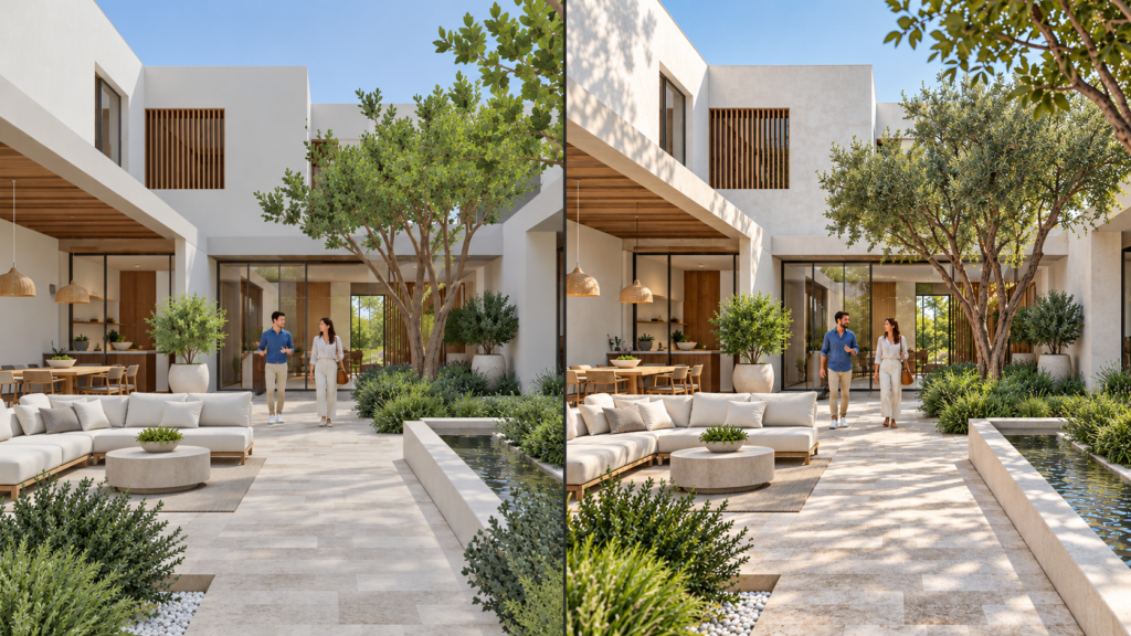 Clean before and after comparison of an architectural visualization showing subtle lighting and shadow adjustments — 3D Architectural Rendering