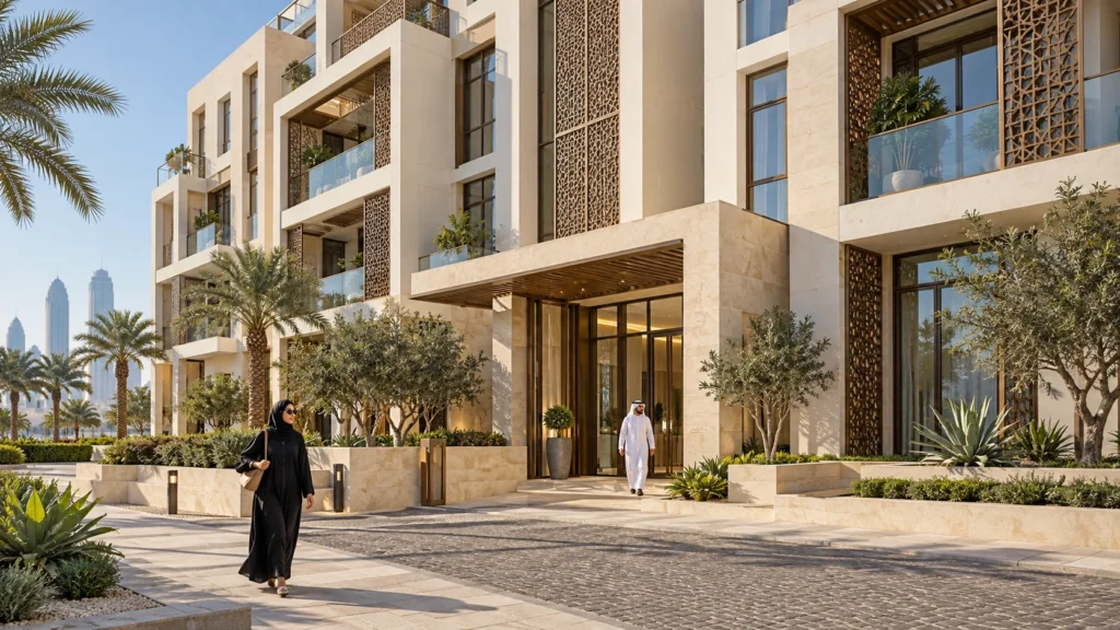 Contemporary limestone residential building in Doha Qatar with shaded balconies, palms and two residents walking naturally
