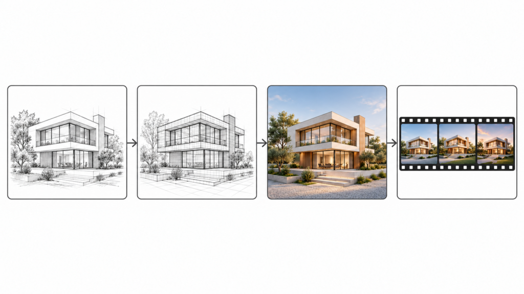 Four card conceptual design board showing progression from sketch to final render and film strip animation sequence — 3D Architectural Rendering