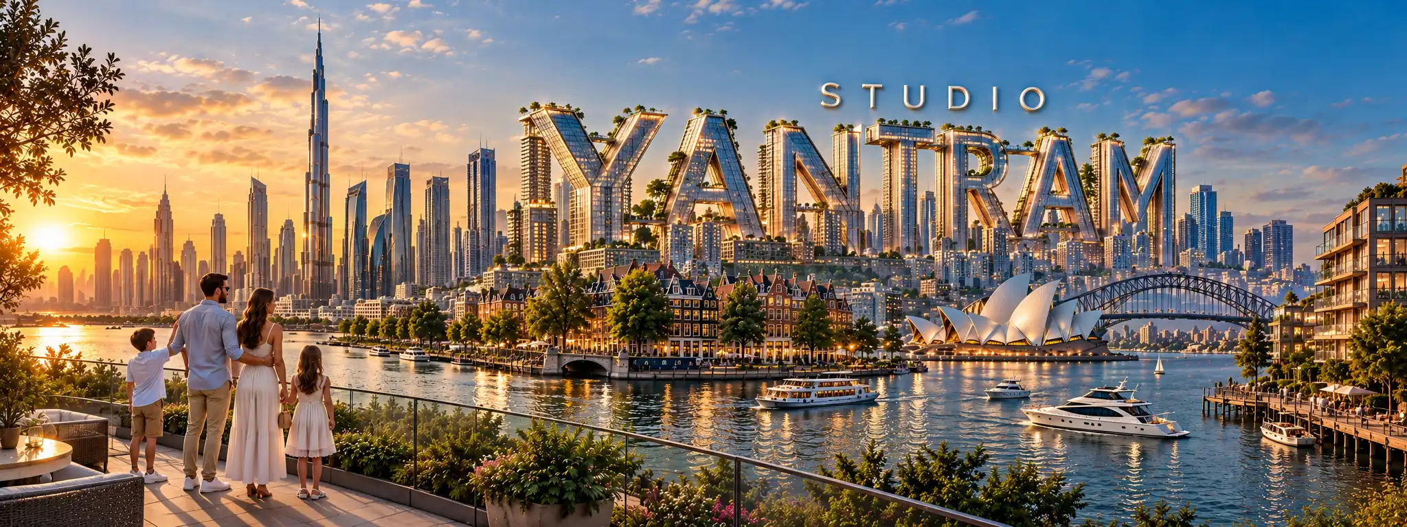 Yantram Studio 3D architectural rendering across Dubai, London, Amsterdam and Sydney skylines