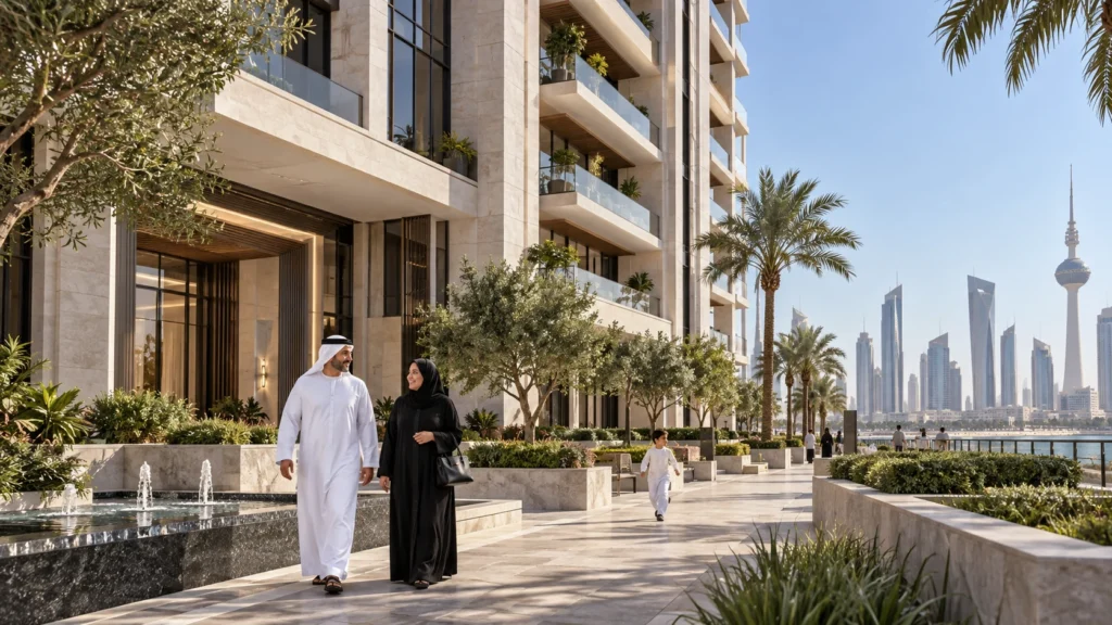 Apartment tower exterior view in bright daylight in Kuwait City — Real Estate 3D Visualization Kuwait