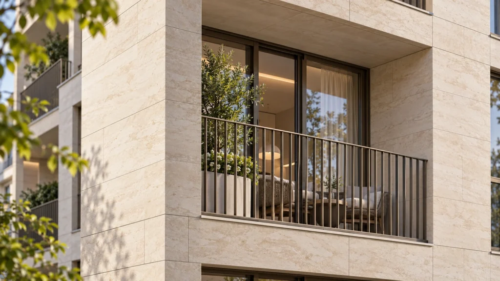 Yantram Studioโs Luxembourg City architectural 3D rendering shows a limestone balcony corner with bronze glazing, metal rails and precise stone joints. โ Landscape Design Visuals