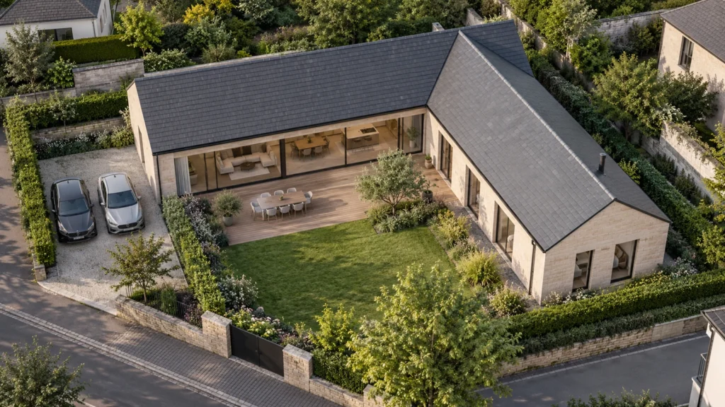 Yantram Studioโs Luxembourg City aerial 3D rendering shows an L-shaped garden villa with a slate roof, pale stone walls and an enclosed terrace. โ Exterior Facade Views