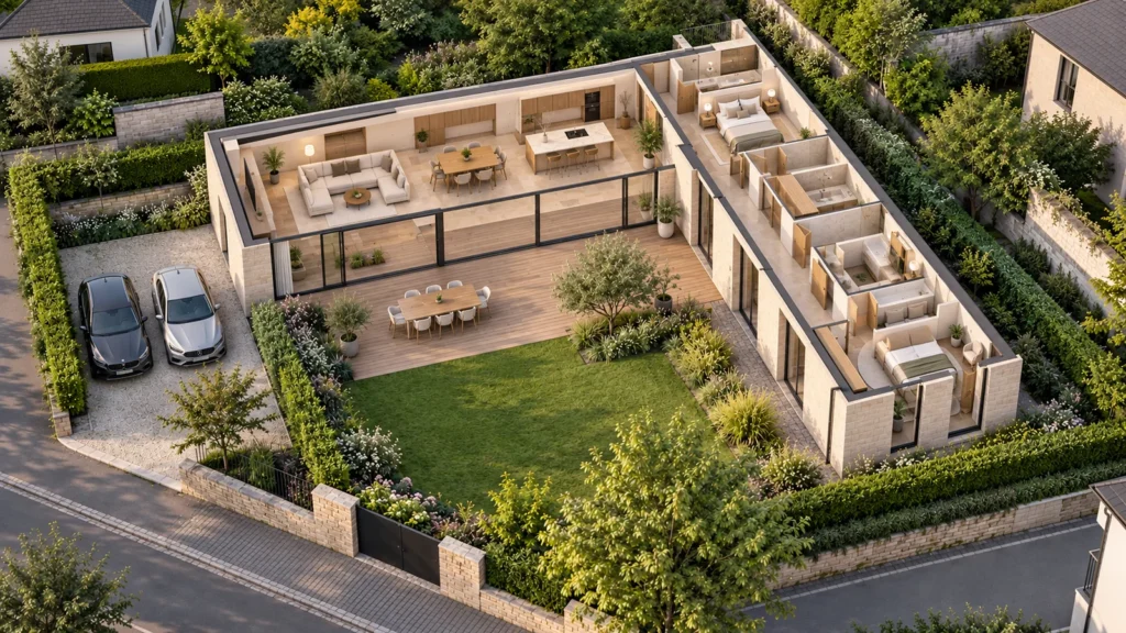 Yantram Studioโs Luxembourg City 3D floor-plan rendering shows an L-shaped furnished villa floor plan with three bedrooms and an open living area.