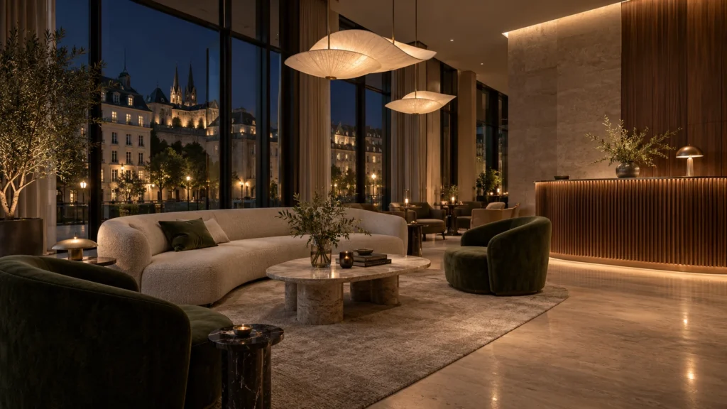Yantram Studioโs Luxembourg City interior 3D rendering shows a boutique hotel lounge with fluted walnut joinery, limestone flooring and sculptural lighting.