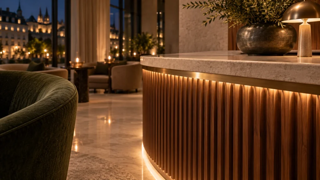 Yantram Studioโs Luxembourg City interior 3D rendering shows a fluted walnut hotel counter with a stone top, brass trim and integrated lighting. โ Material Detail Shots