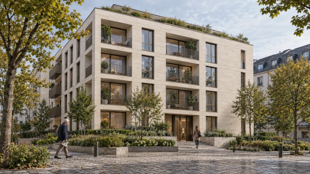 Yantram Studioโs Luxembourg City exterior 3D rendering shows limestone apartments with recessed balconies and a planted entrance. โ Interior Lounge Renderings