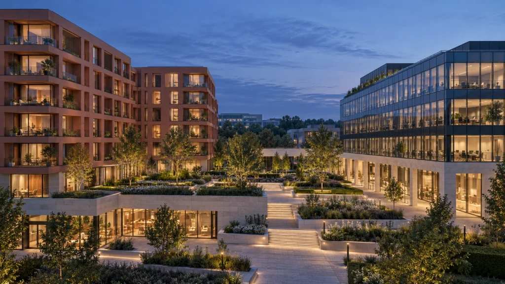 Yantram Studioโs Luxembourg City architectural 3D rendering shows a mixed-use campus with glazed offices, terracotta housing and landscaped pedestrian space.