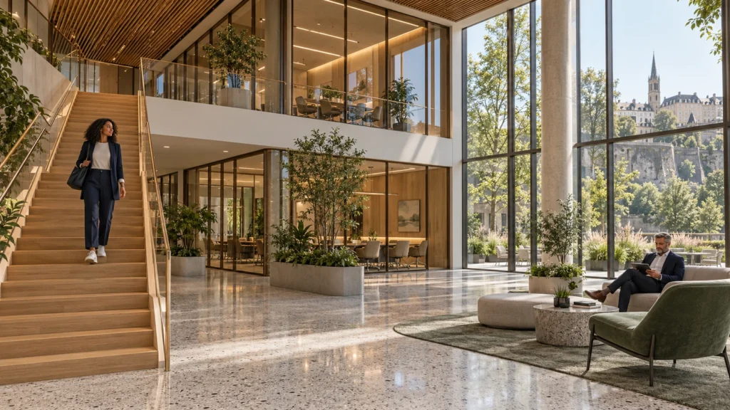 Yantram Studioโs Luxembourg City interior 3D rendering shows a bright double-height office atrium with oak stairs, bronze glazing and terrazzo floors.