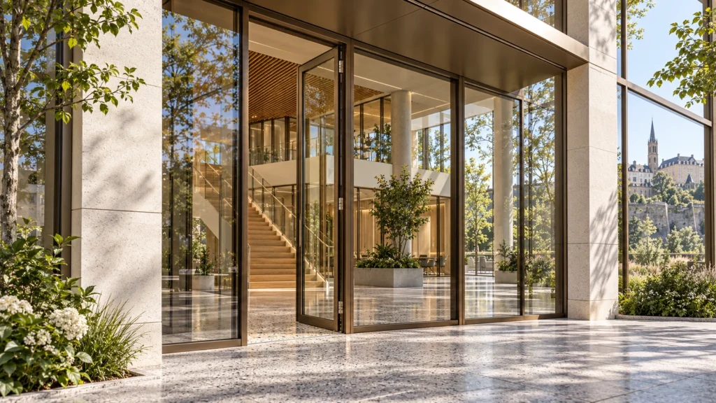 Yantram Studioโs Luxembourg City architectural 3D rendering shows a bronze-framed office entrance with stone paving, glass joints and a recessed canopy. โ Material Detail Shots