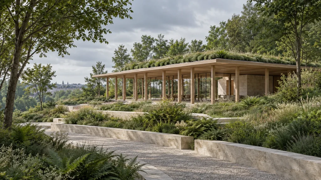 Yantram Studioโs Luxembourg City landscape 3D rendering shows a landscaped public park with a timber pavilion, stone paths and a rain garden. โ Landscape Design Visuals