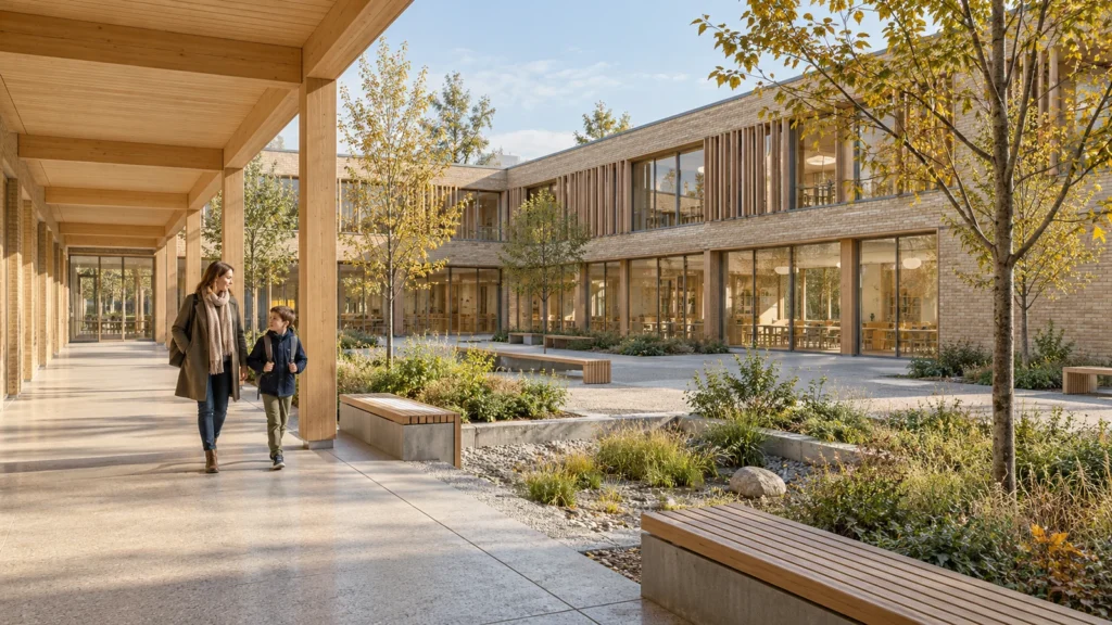 Yantram Studioโs Luxembourg City architectural 3D rendering shows a low-rise brick-and-timber school courtyard with sheltered benches and planted learning spaces. โ Interior Lounge Renderings