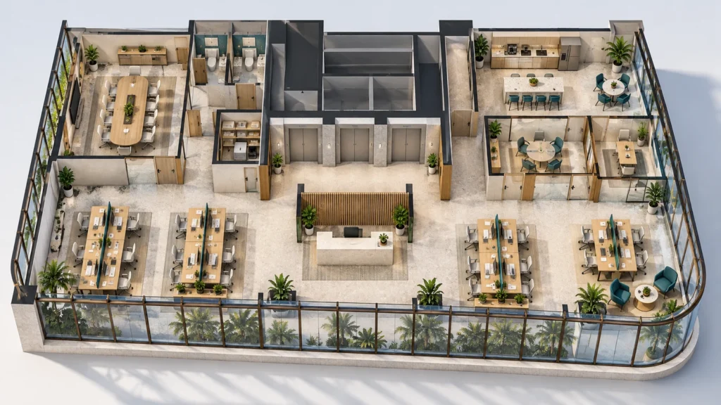 Yantram Studioโs Miami commercial office floor-plan rendering maps reception, open workstations, meeting rooms, a service core, pantry, and a curved glazed perimeter.