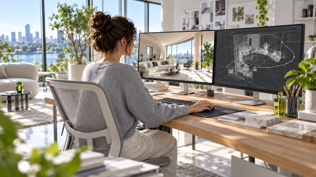 Designer working at a dual monitor workstation viewing a 3D architectural model with a New York city skyline view — Ai Architectural Animation