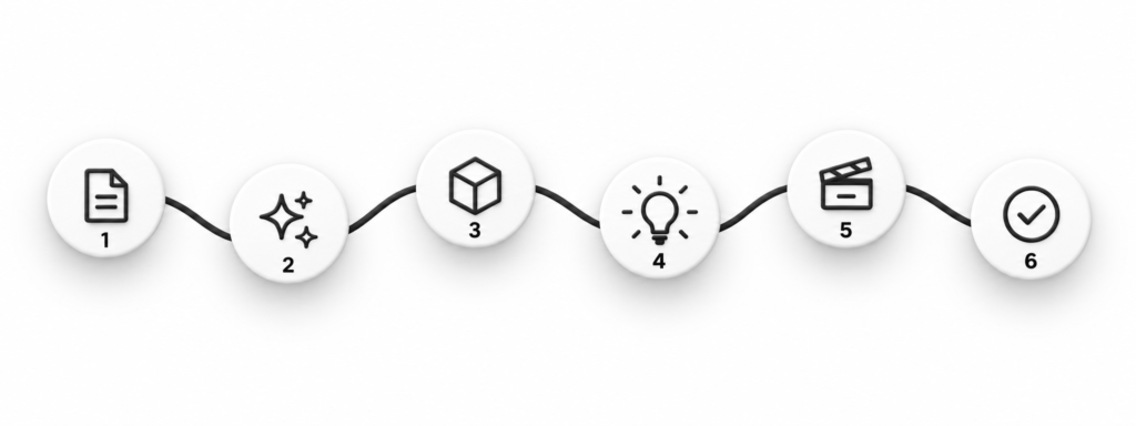 Neutral six-step design flowchart outlining the architectural visualization production process from concept to final output — 3D Architectural Rendering