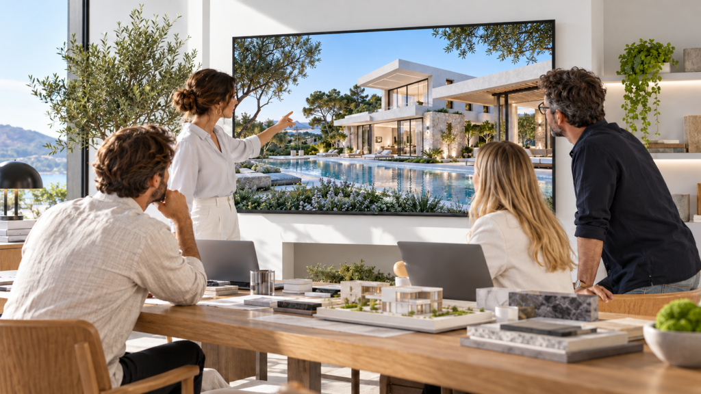 Neutral architectural design review workspace featuring blueprints, material samples, and digital tablets — Ai Rendering For Architects