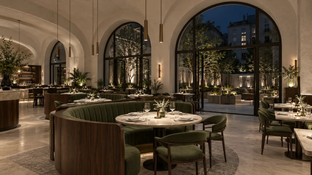 Yantram Studioโs Prague hospitality interior rendering shows curved walnut banquettes, stone tables and pendant lighting. โ Material Finishes