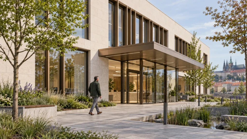 Yantram Studioโs Prague healthcare exterior rendering shows a limestone-and-glass clinic with a planted accessible entrance.