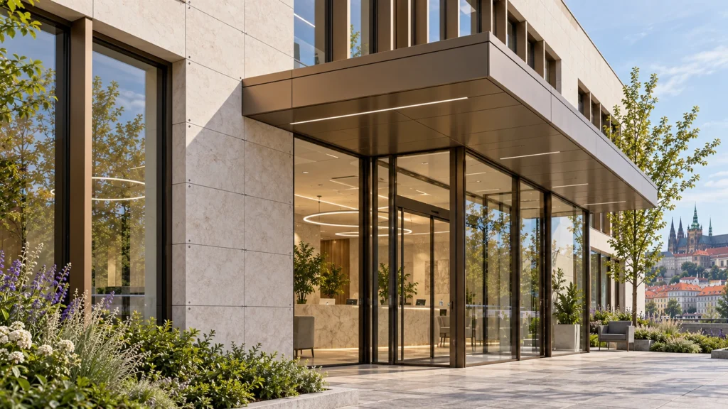 Yantram Studioโs Prague exterior detail rendering shows limestone rainscreen joints, bronze fins and a clinic entrance canopy. โ Spatial Representation