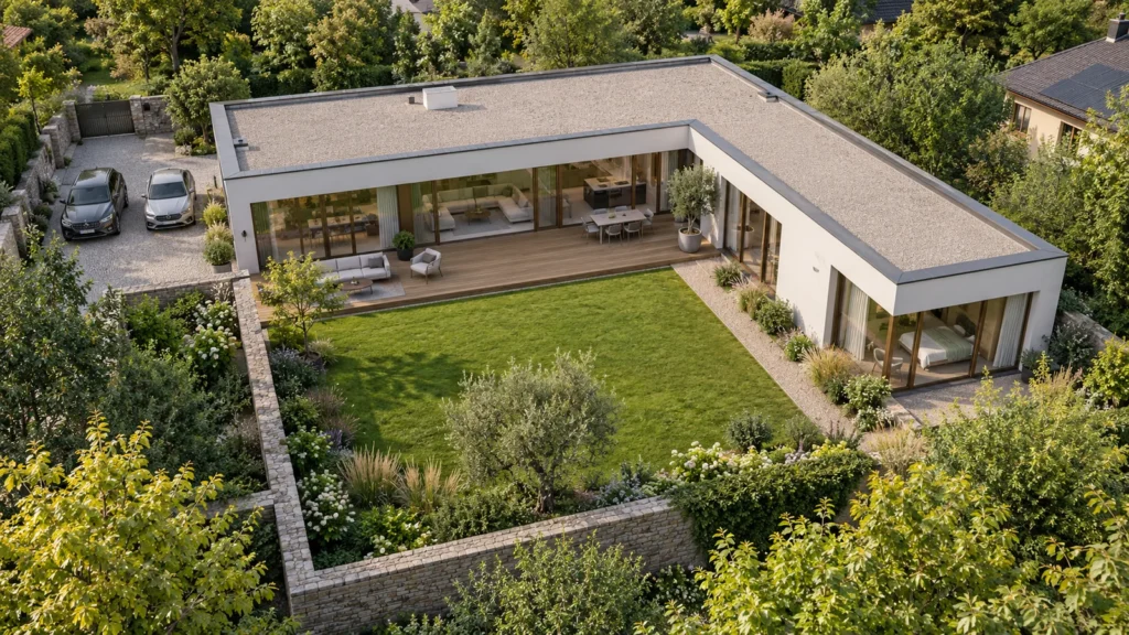 Yantram Studioโs Prague aerial architectural rendering shows a single-storey L-shaped villa with a timber terrace and walled garden. โ Architectural Visualization