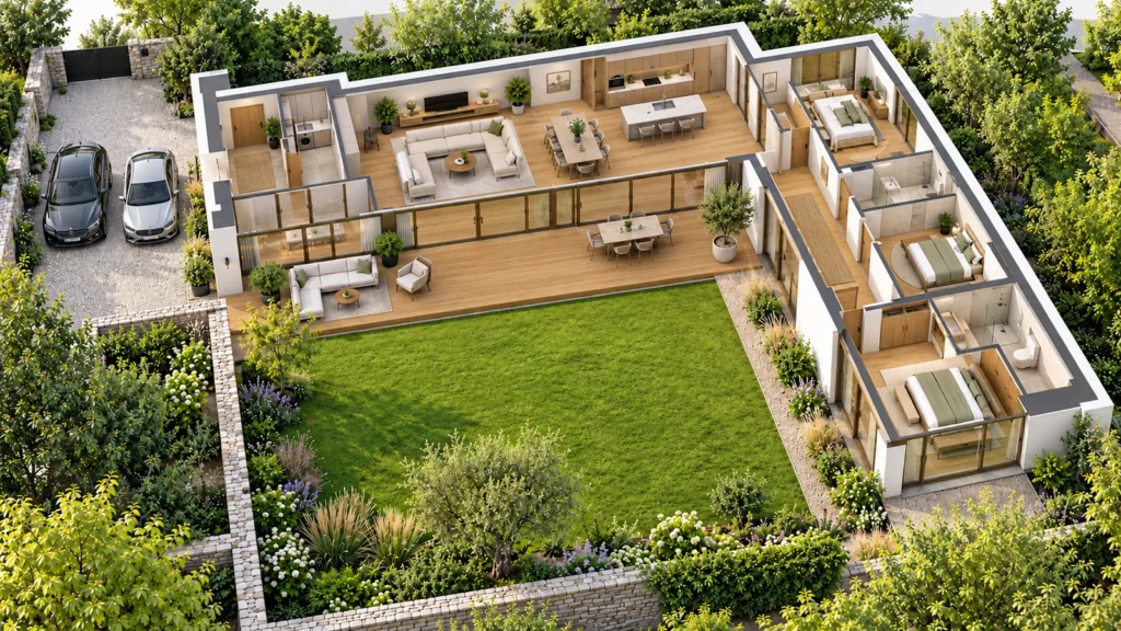 Yantram Studioโs Prague conceptual 3D floor-plan rendering shows an L-shaped villa with open living spaces, three bedrooms and an inner terrace.