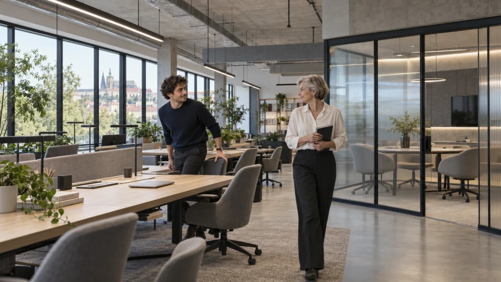 Yantram Studioโs Prague co-working interior rendering shows oak worktables, ribbed glass rooms and acoustic felt panels.
