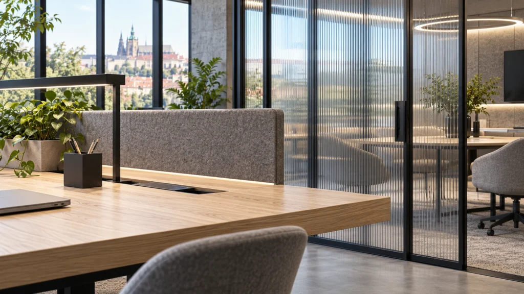 Yantram Studioโs Prague interior detail rendering shows oak joinery, ribbed glass and acoustic felt in a co-working space. โ Material Finishes