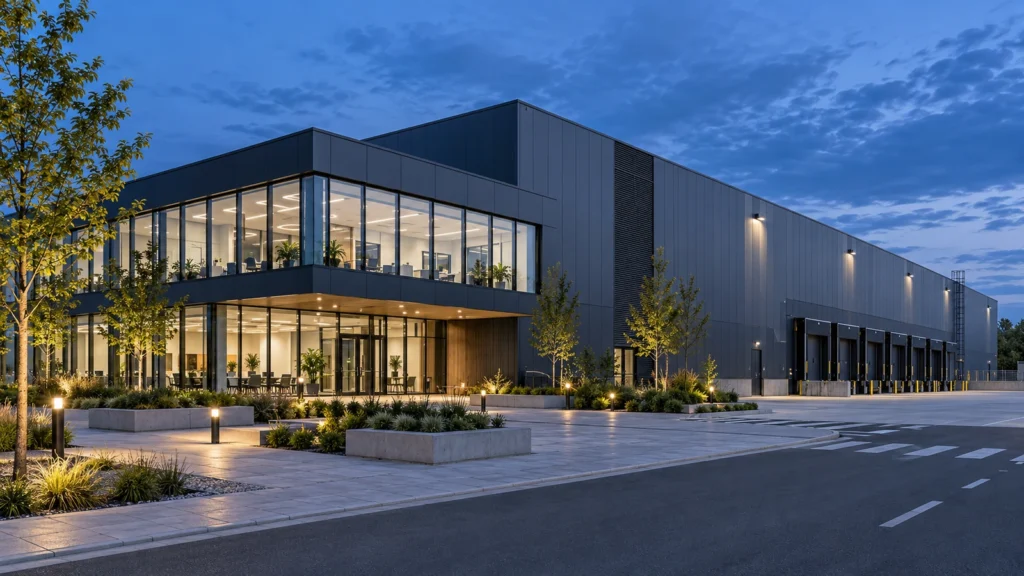 Yantram Studioโs Prague industrial exterior rendering shows a metal-clad innovation campus with glazed offices and a landscaped forecourt. โ Facade Design