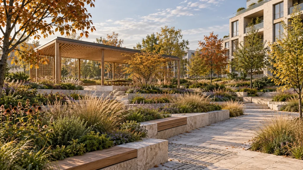 Yantram Studioโs Prague landscape rendering shows a public garden with limestone paths, planted terraces and a timber pavilion. โ Spatial Representation