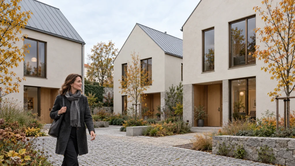 Yantram Studioโs Prague townhouse exterior rendering shows pale-plaster homes with zinc gables, oak entries and a planted courtyard.