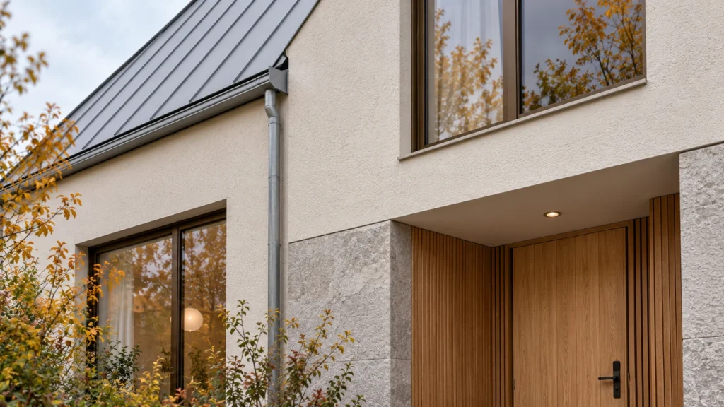 Yantram Studioโs Prague exterior detail rendering shows zinc roof seams, mineral plaster, bronze glazing and an oak townhouse entrance. โ Facade Design