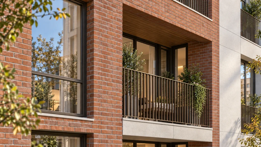 Yantram Studioโs Warsaw exterior detail rendering shows a recessed brick balcony with bronze railings, dark glazing frames and pale stone thresholds. โ Warsaw 3D Rendering Studio